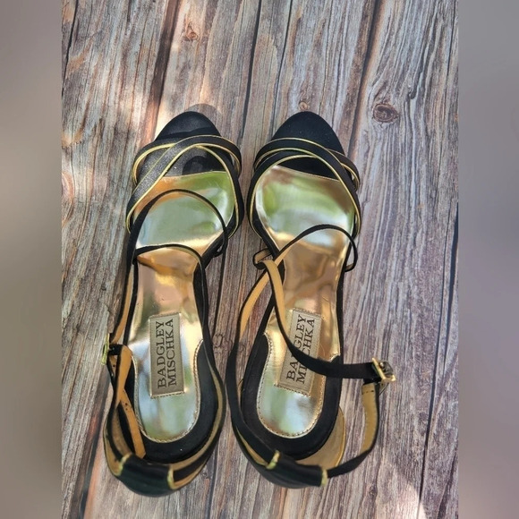 Badgley Mischka Shoes Black Gold Satin Sandal Womens Strappy High Heels Size 7.5 - Picture 8 of 11